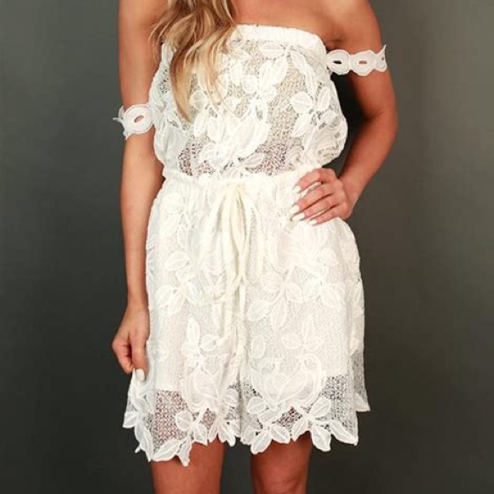 Off-the-Shoulder White Crochet Romper